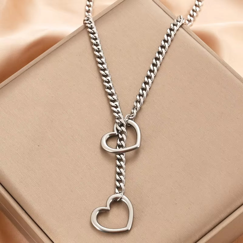 Womens Slip Chain Necklace Heart O-Ring Punk Rock Cuban Long Necklace Jewelry Adjustable Lariat Y-Necklace Heart Locker with Key